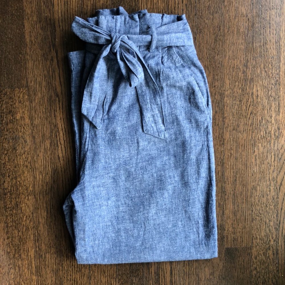 Paper bag high-waist chambray cropped pants